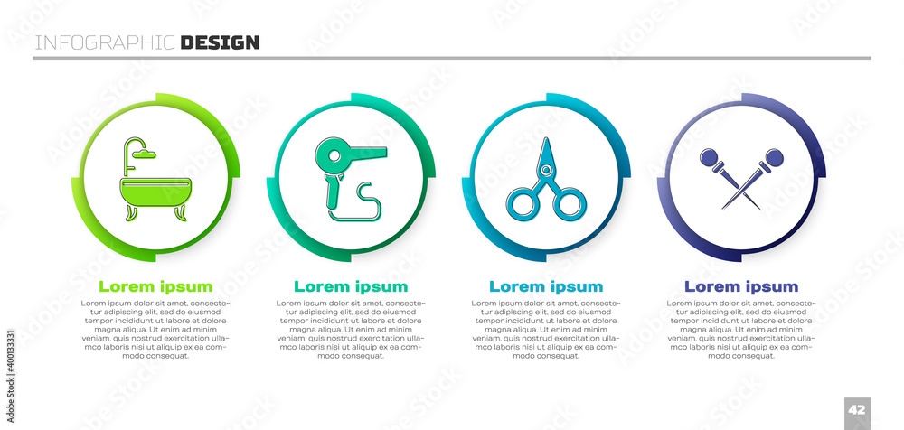 设置浴缸、吹风机、剪刀和针织针。商业信息图模板。矢量。