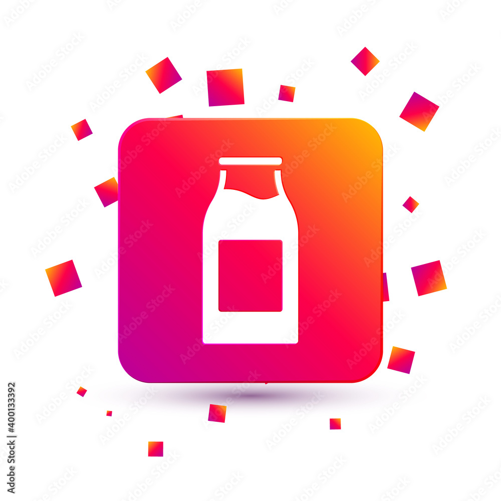 White Closed glass bottle with milk icon isolated on white background. Square color button. Vector I