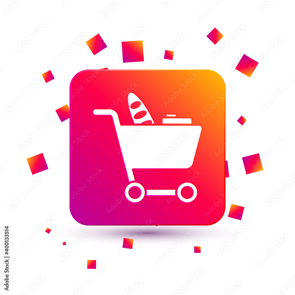 White Shopping cart and food icon isolated on white background. Food store, supermarket. Square colo