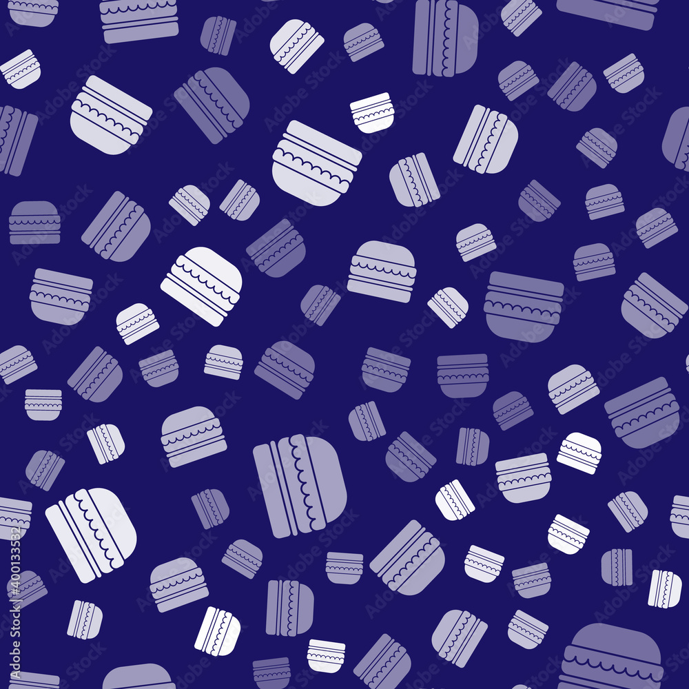 White Burger icon isolated seamless pattern on blue background. Hamburger icon. Cheeseburger sandwic