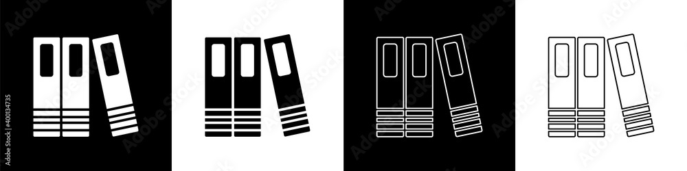 Set Office folders with papers and documents icon isolated on black and white background. Office bin