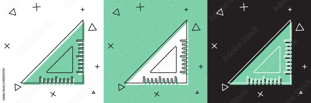 设置隔离在白色和绿色、黑色背景上的三角形标尺图标。斜视符号。Geomet
