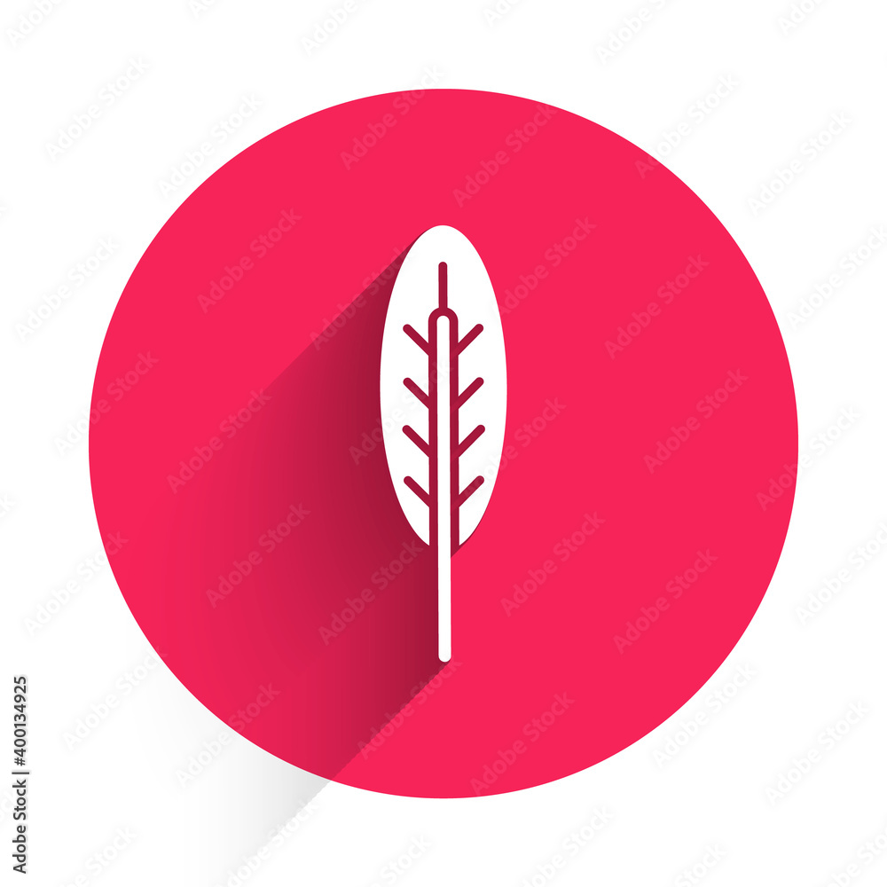 White Indian feather icon isolated with long shadow. Native american ethnic symbol feather. Red circ