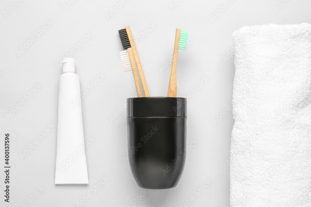 Set of bath accessories on light background