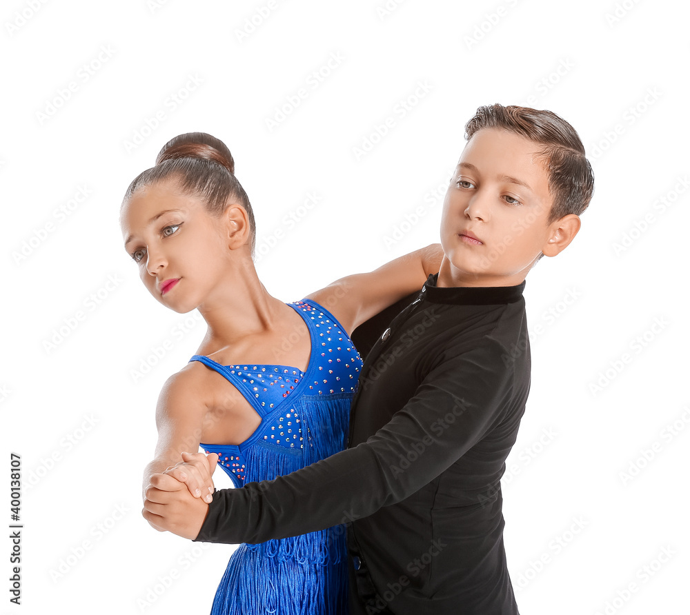 Cute little children dancing against white background