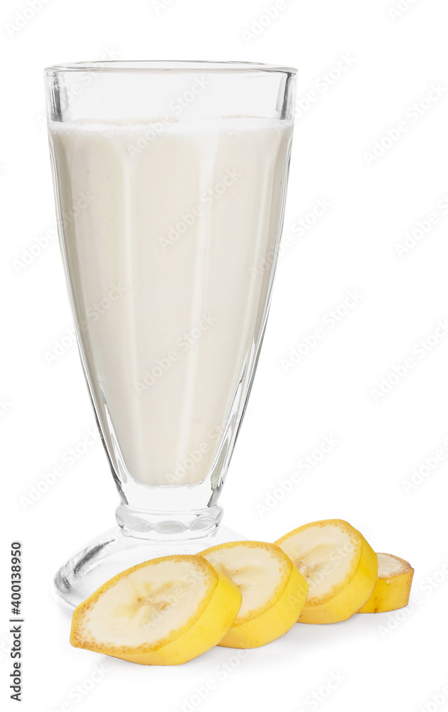 Glass of tasty banana smoothie on white background