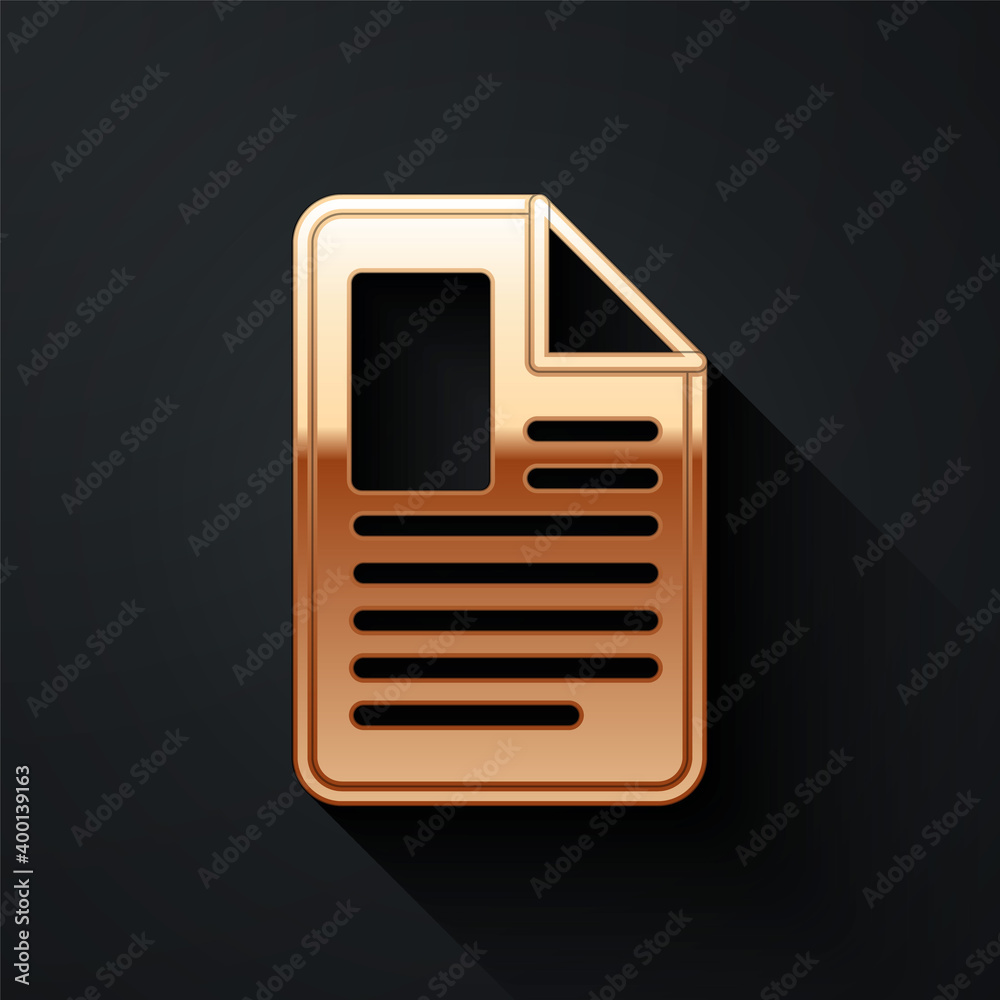 Gold File document icon isolated on black background. Checklist icon. Business concept. Long shadow 