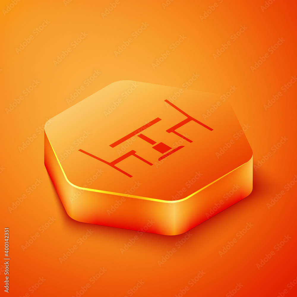 Isometric Wooden table with chair icon isolated on orange background. Orange hexagon button. Vector.