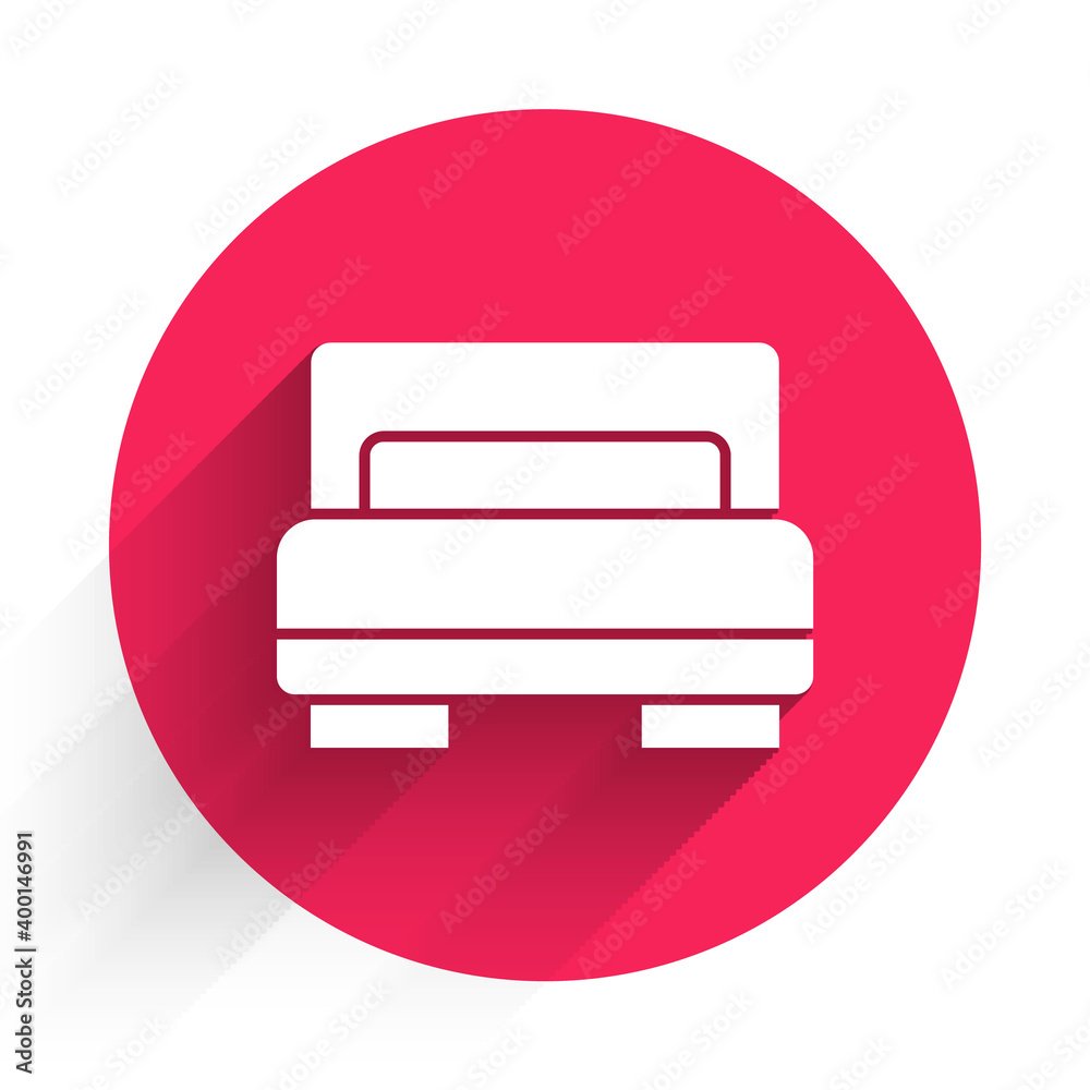 White Hotel room bed icon isolated with long shadow. Red circle button. Vector.