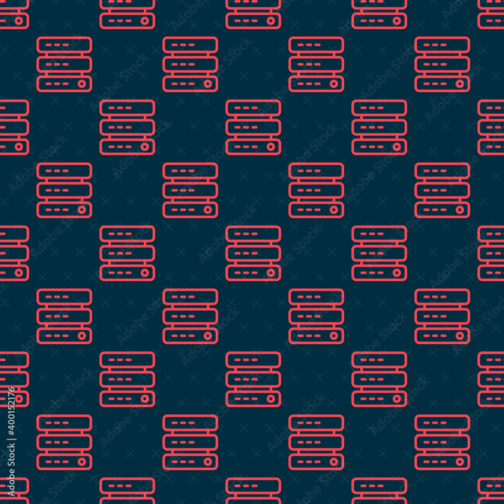 红线服务器、数据、Web主机图标隔离无缝图案，黑色背景。矢量。