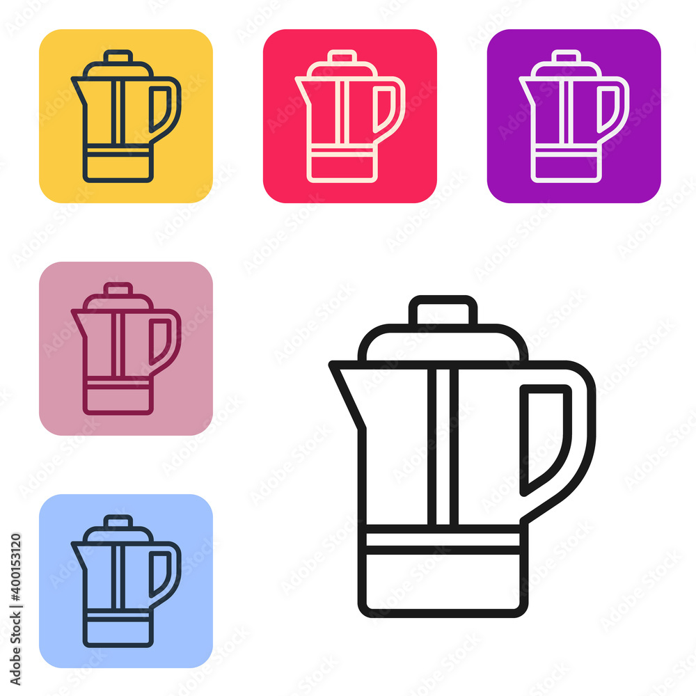 Black line Teapot icon isolated on white background. Set icons in color square buttons. Vector.