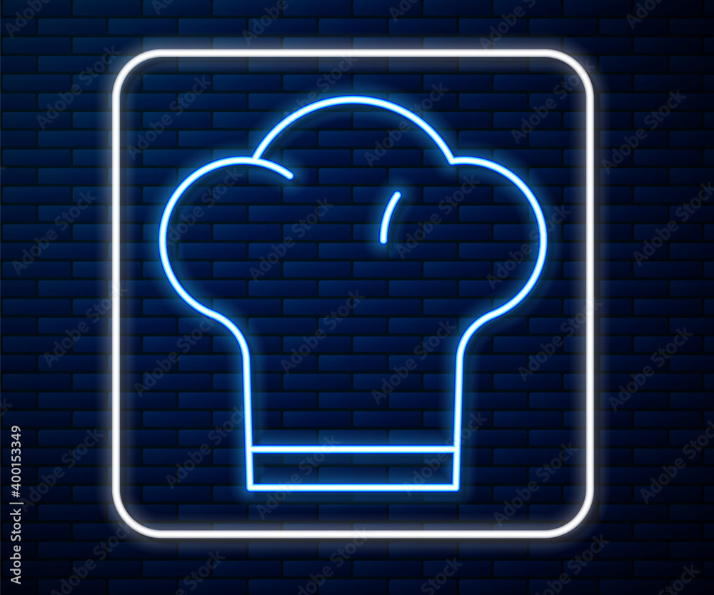 Glowing neon line Chef hat icon isolated on brick wall background. Cooking symbol. Cooks hat. Vector