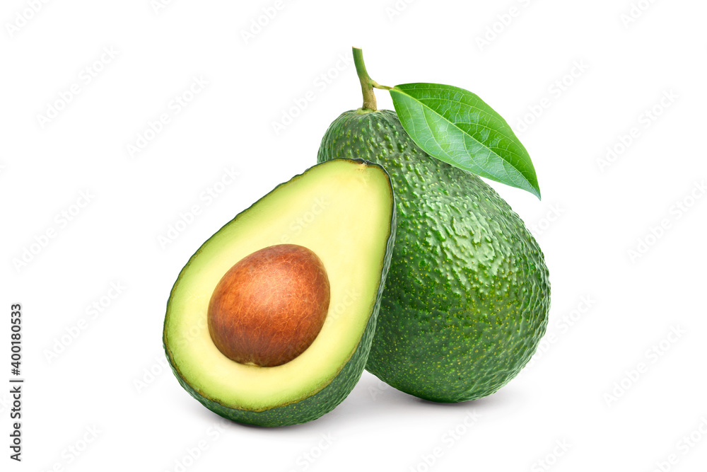 Green Avocado with cut in half and leaf isolated on white background. Clipping path.