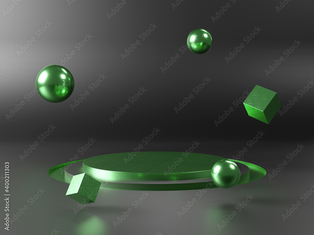 Stage podium on black background background. Mockup of empty circular platform. Abstract geometric p