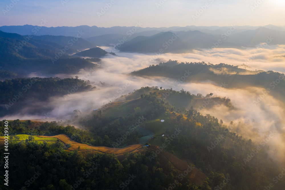 Aerial view of misty mountain landscape in morning in Tak province Thailand