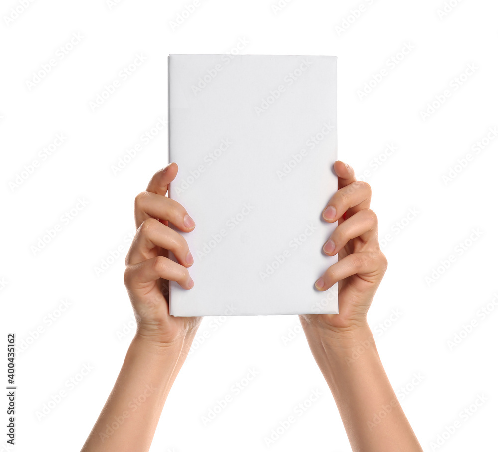 Female hands with blank book isolated on white background