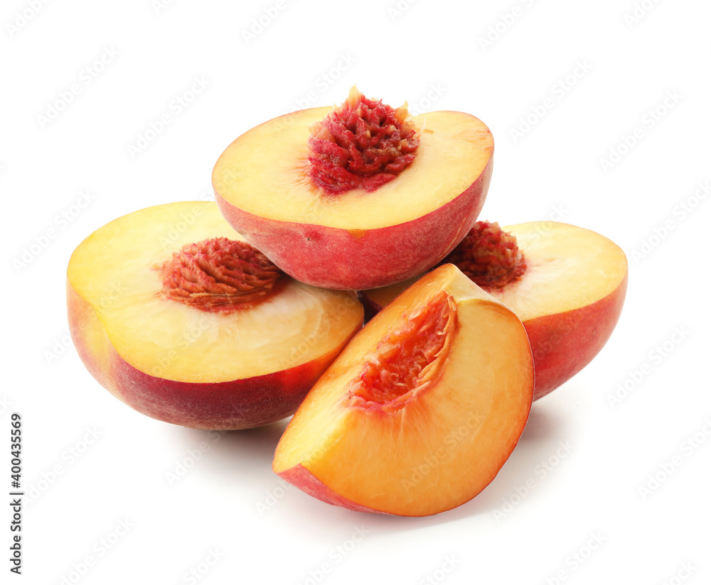 Sweet cut peaches on white background