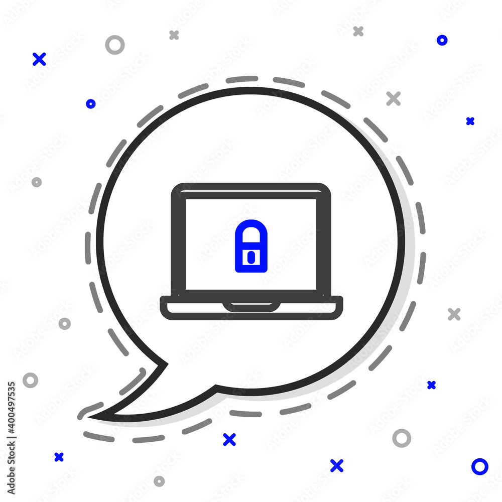 Line Laptop and lock icon isolated on white background. Computer and padlock. Security, safety, prot