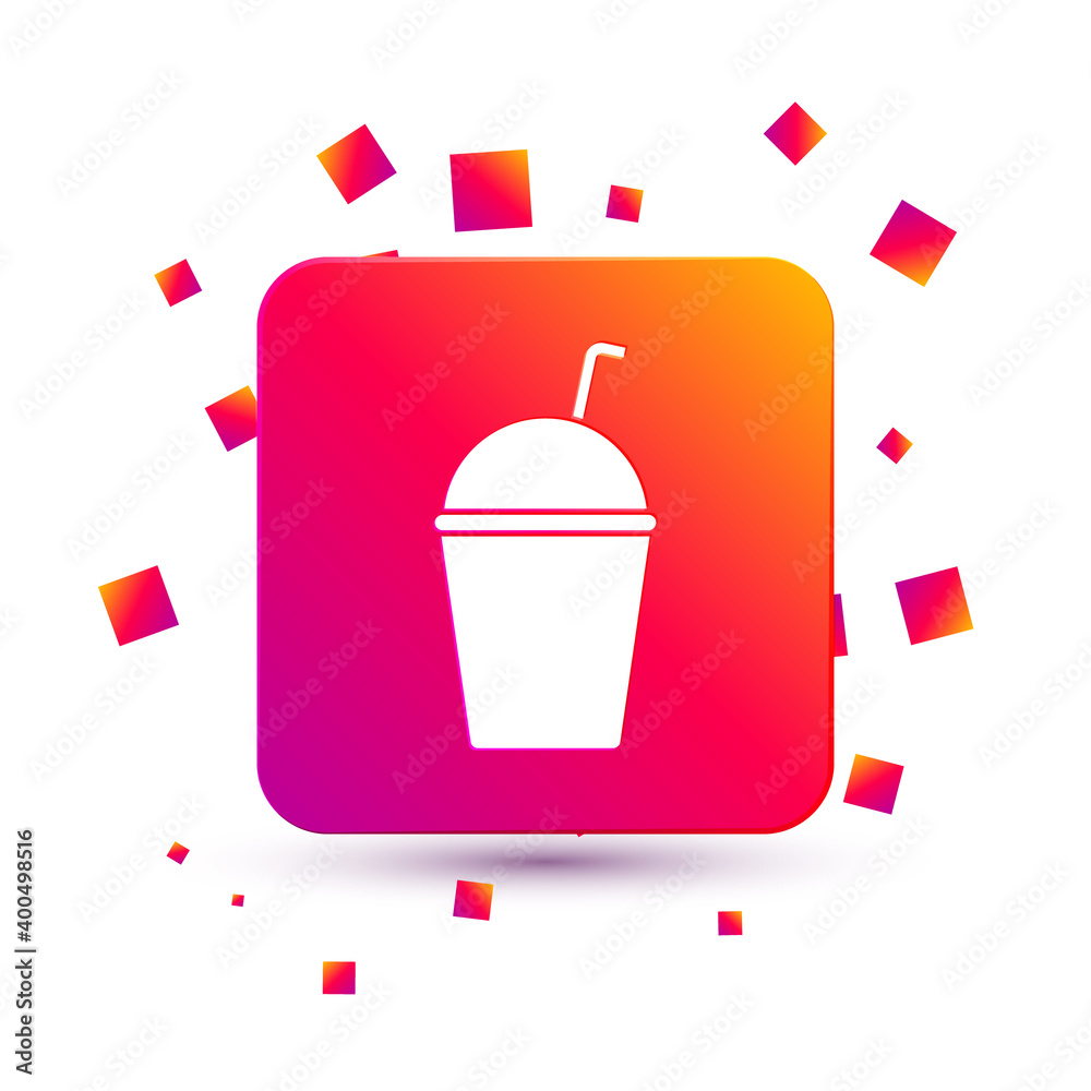 White Milkshake icon isolated on white background. Plastic cup with lid and straw. Square color butt