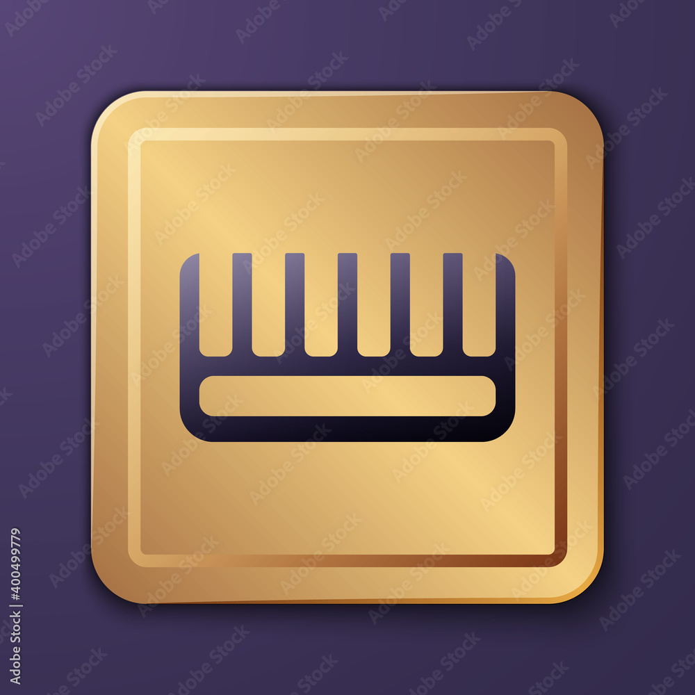 Purple Hairbrush icon isolated on purple background. Comb hair sign. Barber symbol. Gold square butt