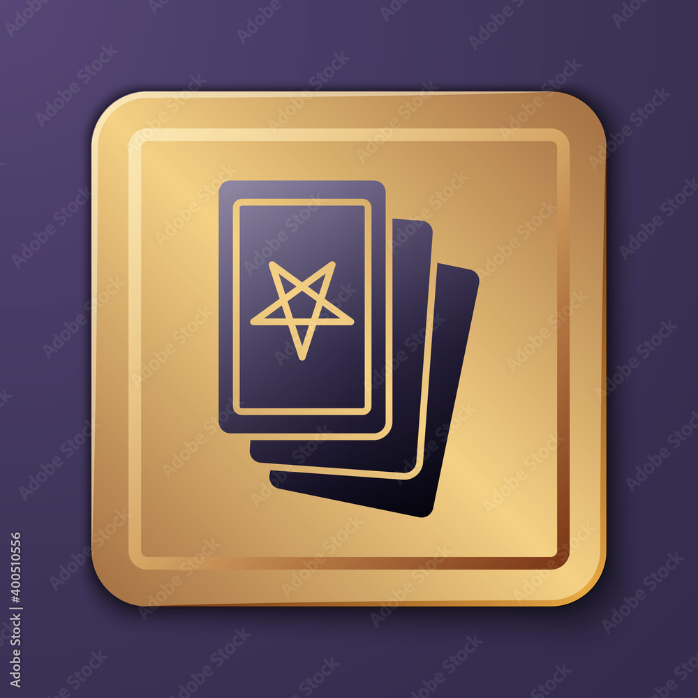 Purple Three tarot cards icon isolated on purple background. Magic occult set of tarot cards. Gold s