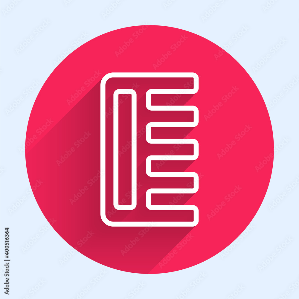 White line Hairbrush icon isolated with long shadow. Comb hair sign. Barber symbol. Red circle butto