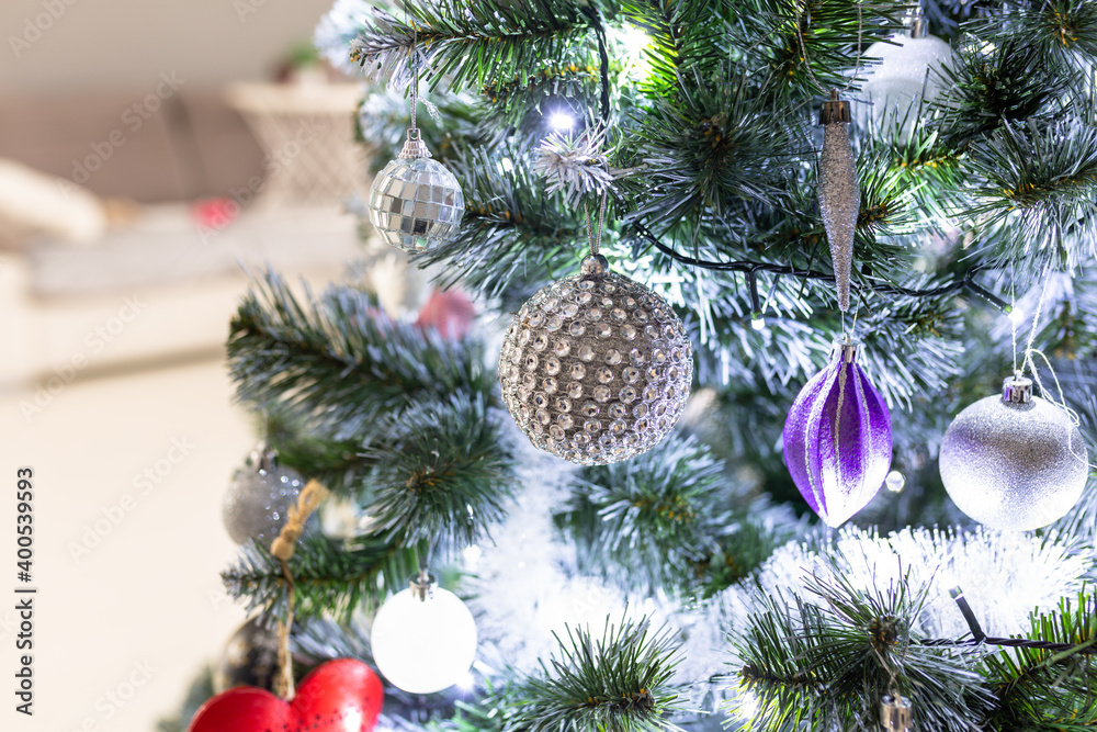 Christmas baubles on christmas tree