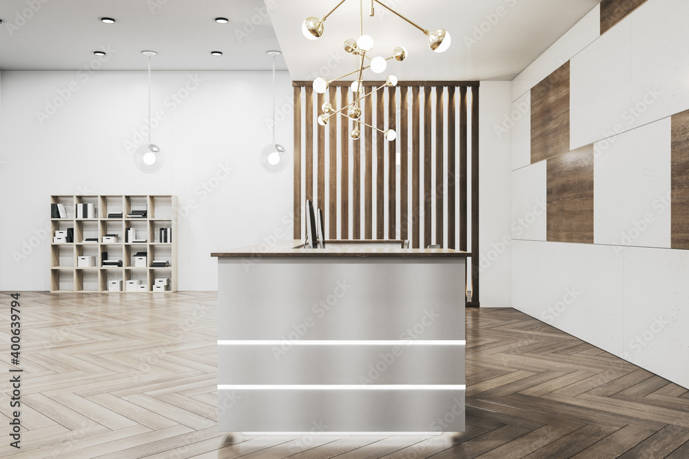 Modern office lobby with reception desk