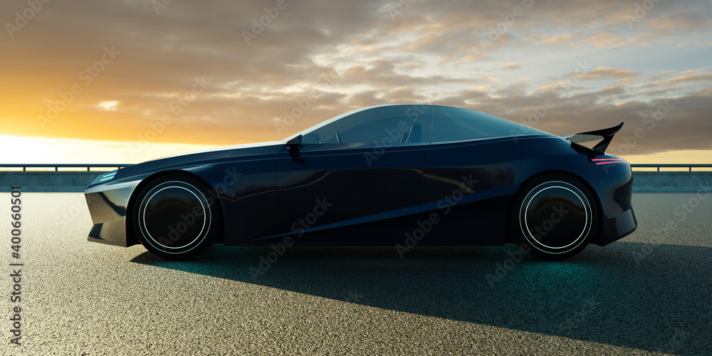 EV concept car on asphalt road. 3d rendering with my own creative design.