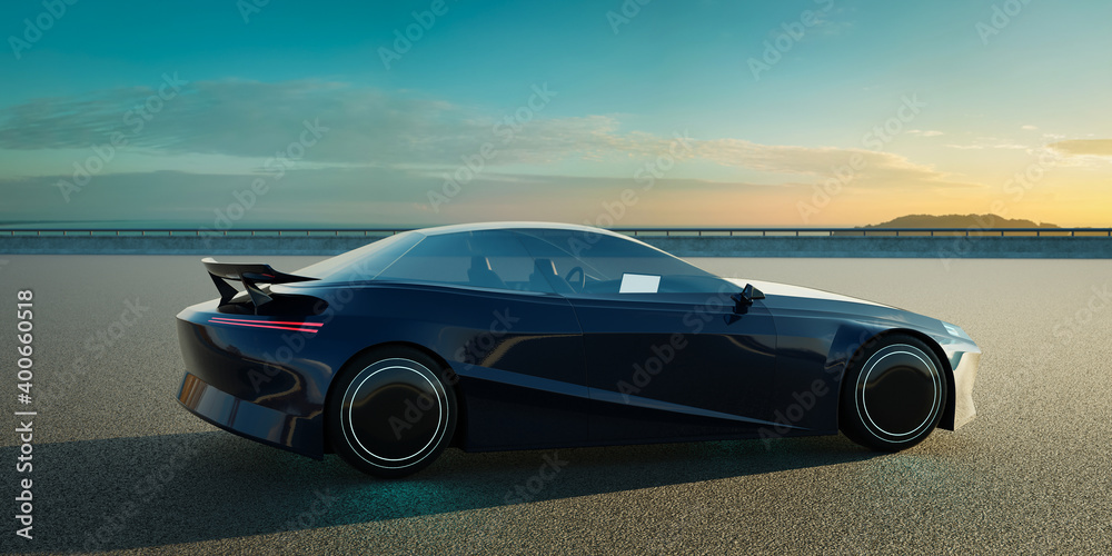 EV concept car on asphalt road. 3d rendering with my own creative design.