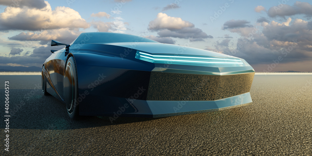 EV concept car on asphalt road. 3d rendering with my own creative design.