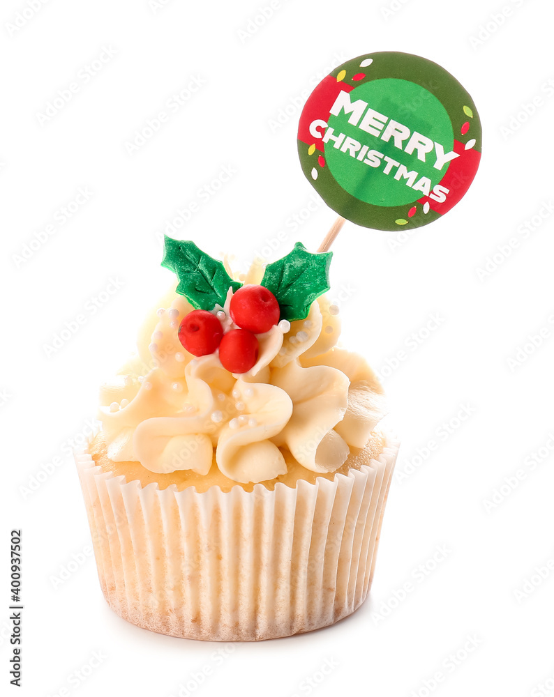 Tasty Christmas cupcake on white background