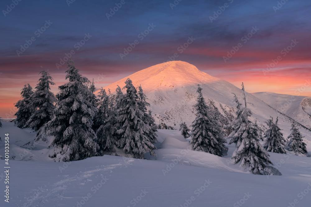 清晨阳光照射下雪山上的奇妙冬季景观。戏剧性的冬日场景机智