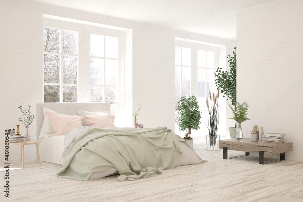 Stylish bedroom in white color with winter landscape in window. Scandinavian interior design. 3D ill