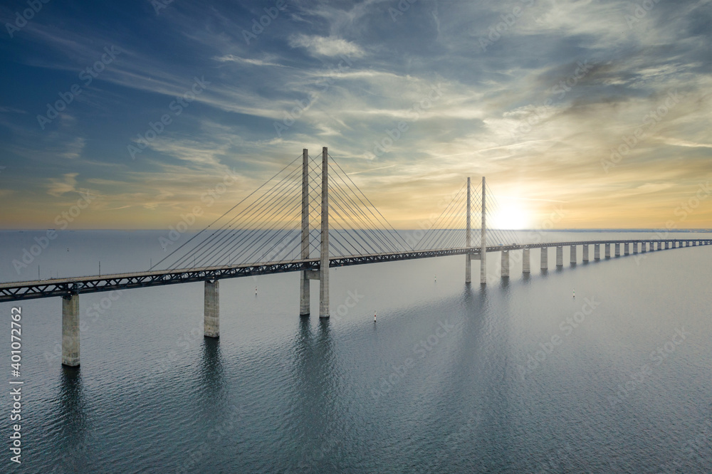 The bridge between Denmark and Sweden, Oresundsbron. Aerial view of the bridge during cloudy stormy 