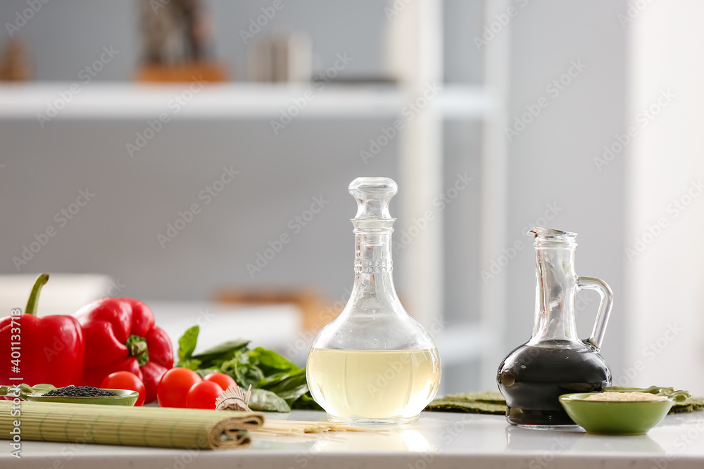 Composition with rice vinegar  on table