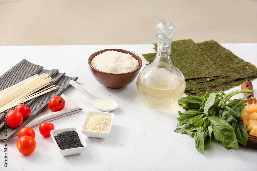 Composition with rice vinegar  on table