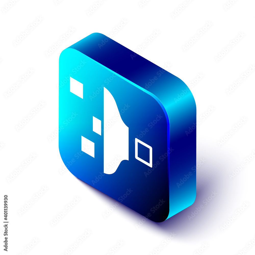 Isometric Filter setting icon isolated on white background. Blue square button. Vector.