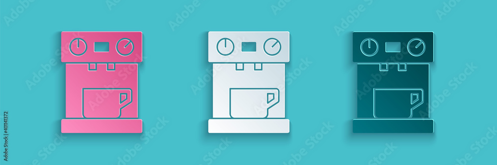 Paper cut Coffee machine icon isolated on blue background. Paper art style. Vector.