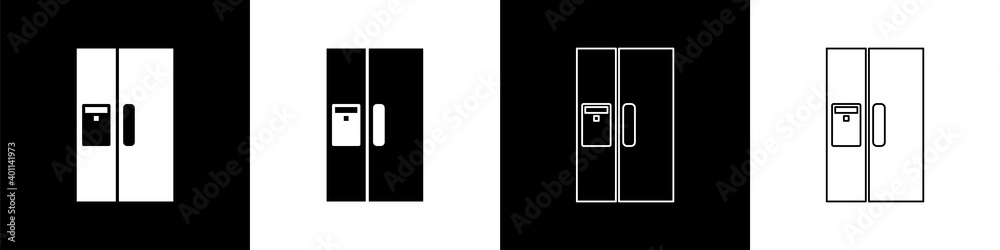 Set Refrigerator icon isolated on black and white background. Fridge freezer refrigerator. Household