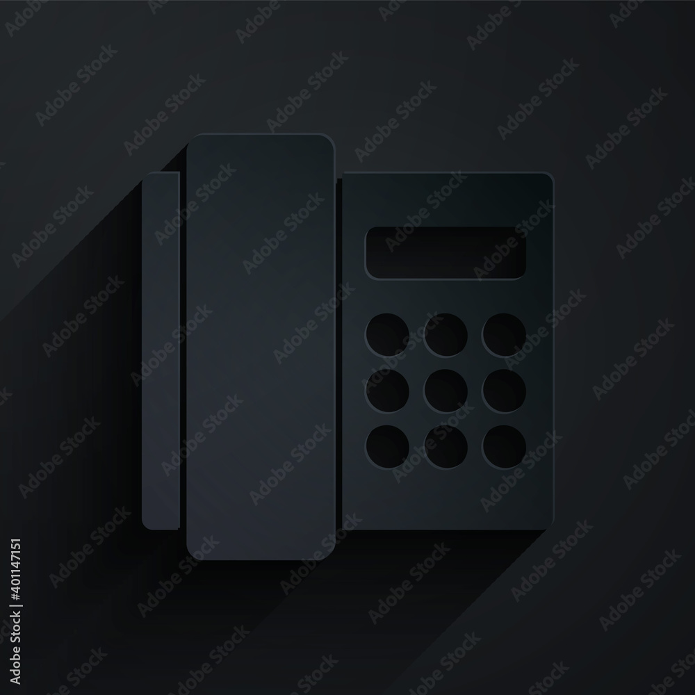 Paper cut Telephone handset icon isolated on black background. Phone sign. Paper art style. Vector.