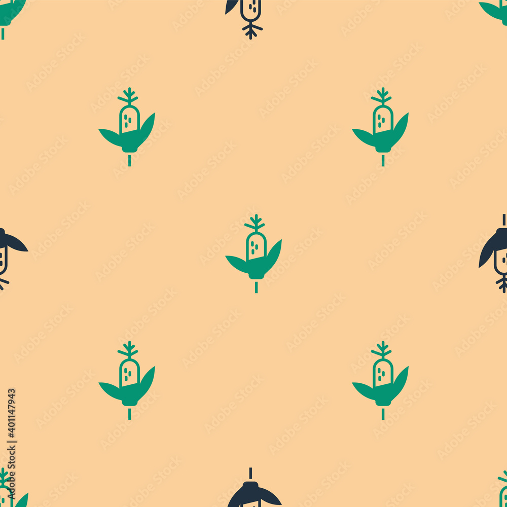 Green and black Corn icon isolated seamless pattern on beige background. Vector.