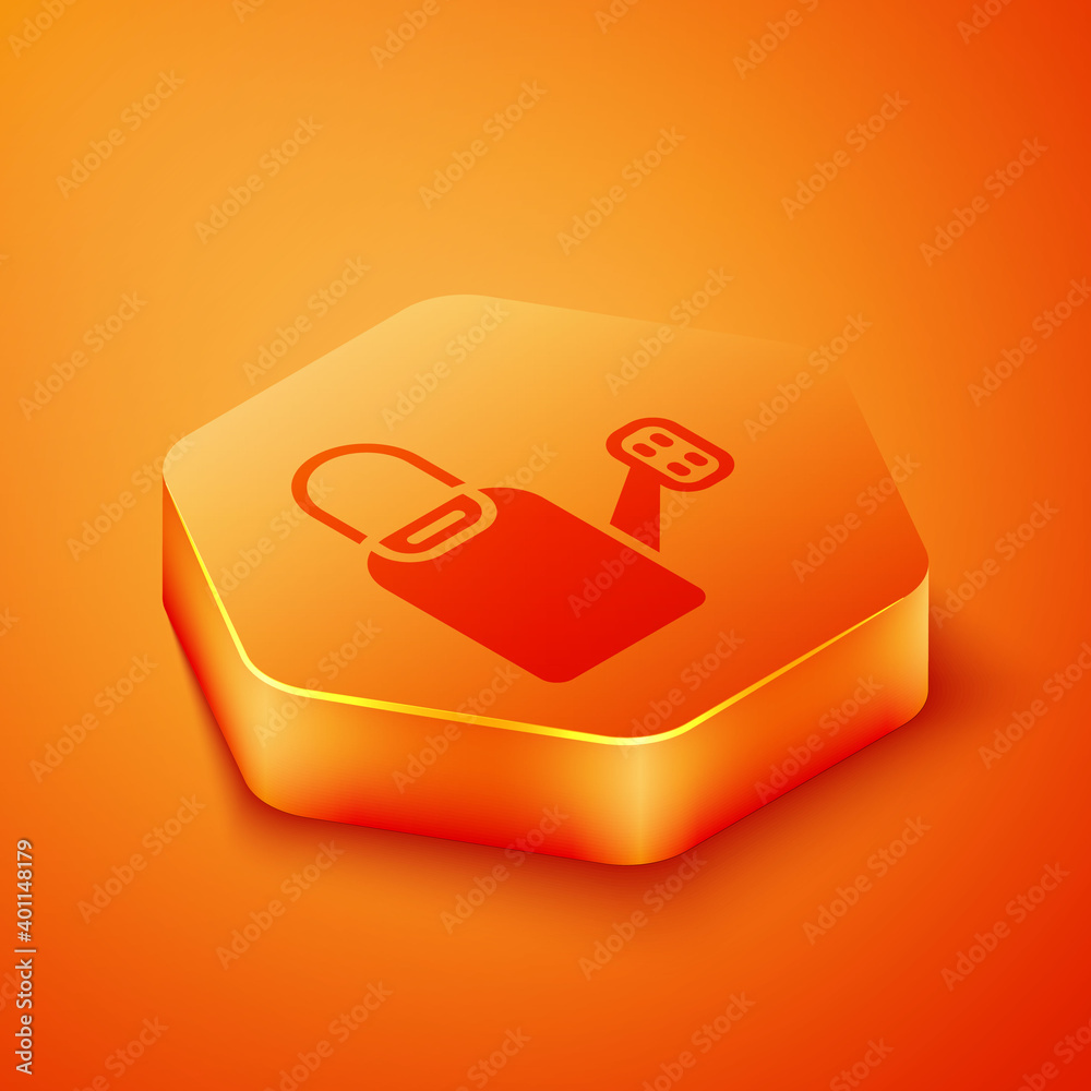 Isometric Watering can icon isolated on orange background. Irrigation symbol. Orange hexagon button.