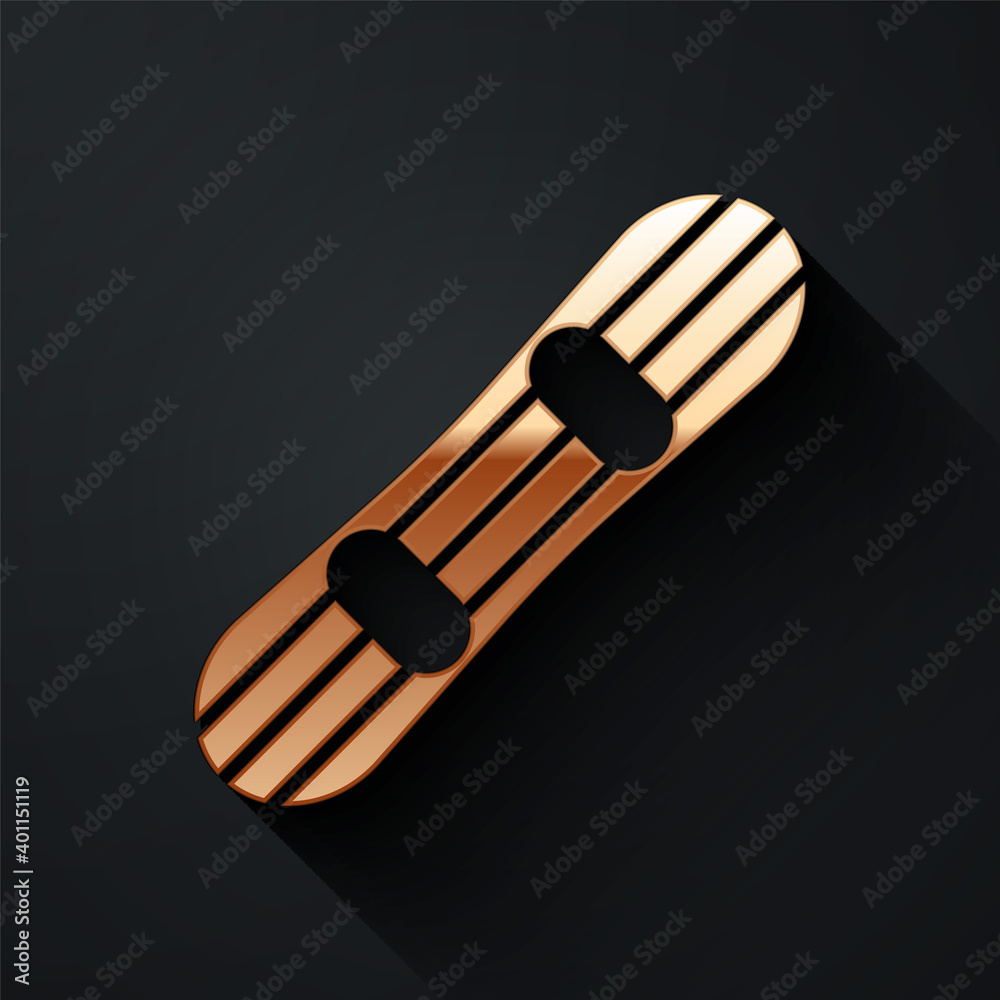 Gold Snowboard icon isolated on black background. Snowboarding board icon. Extreme sport. Sport equi