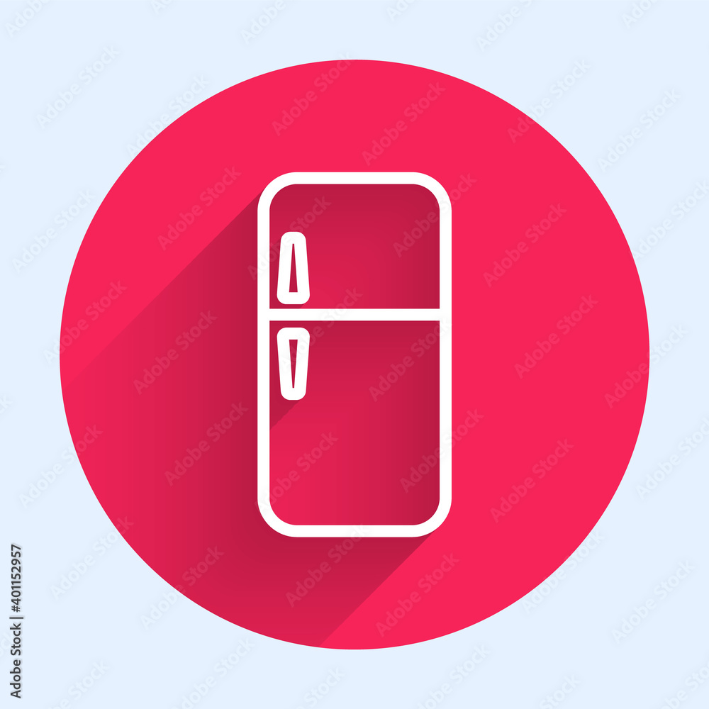 White line Refrigerator icon isolated with long shadow. Fridge freezer refrigerator. Household tech 