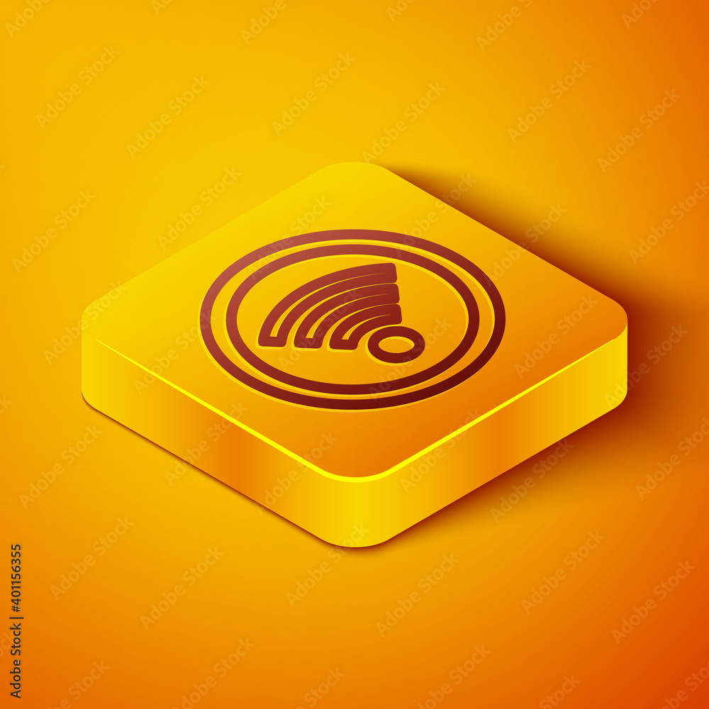 Isometric line Wi-Fi wireless internet network symbol icon isolated on orange background. Yellow squ