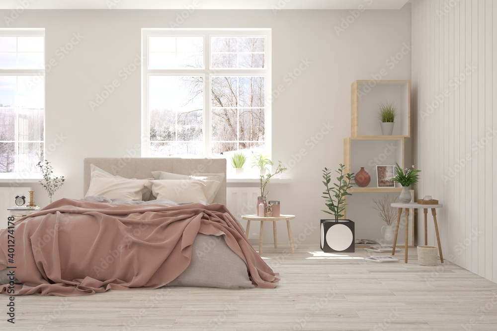 White bedroom interior. Scandinavian design. 3D illustration