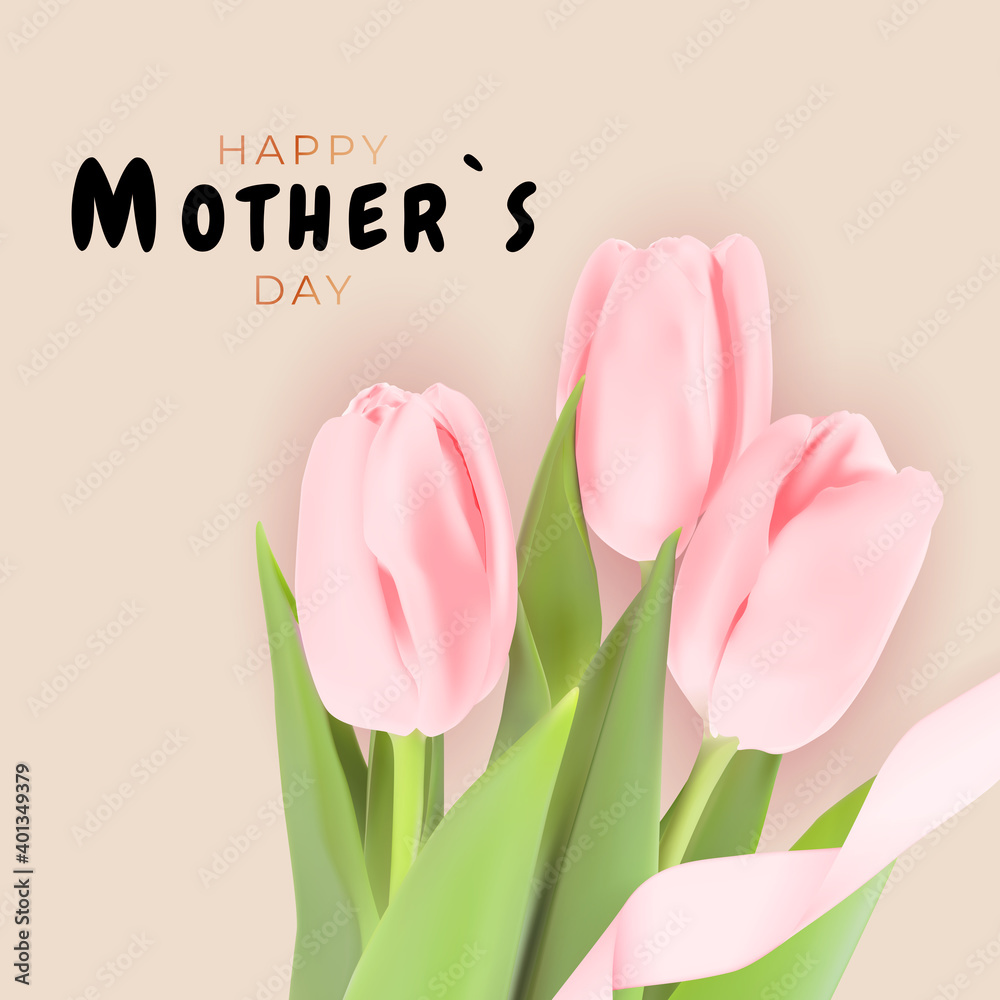 Happy Mother`s Day Card with Realistic Tulip Flowers. Vector Illustration EPS10