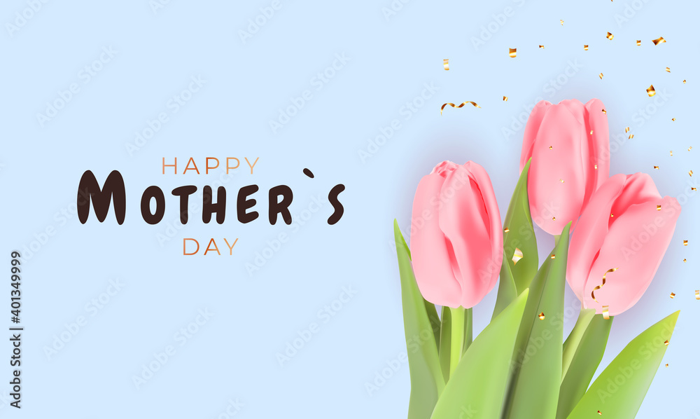 Happy Mother`s Day Card with Realistic Tulip Flowers. Vector Illustration EPS10