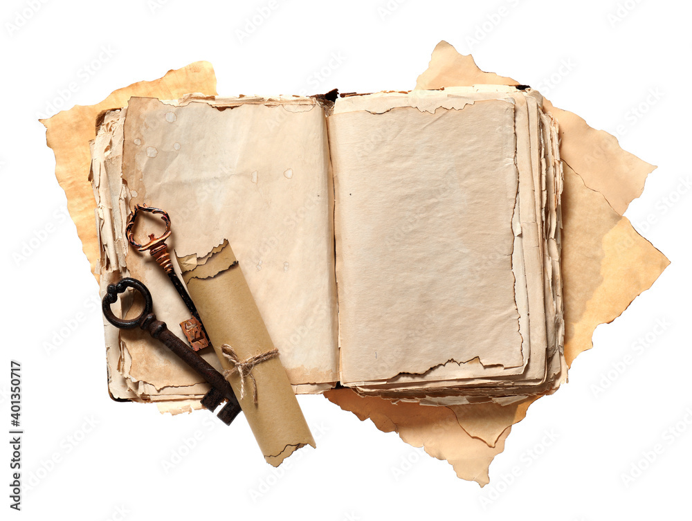 Old book with scroll and keys on white background